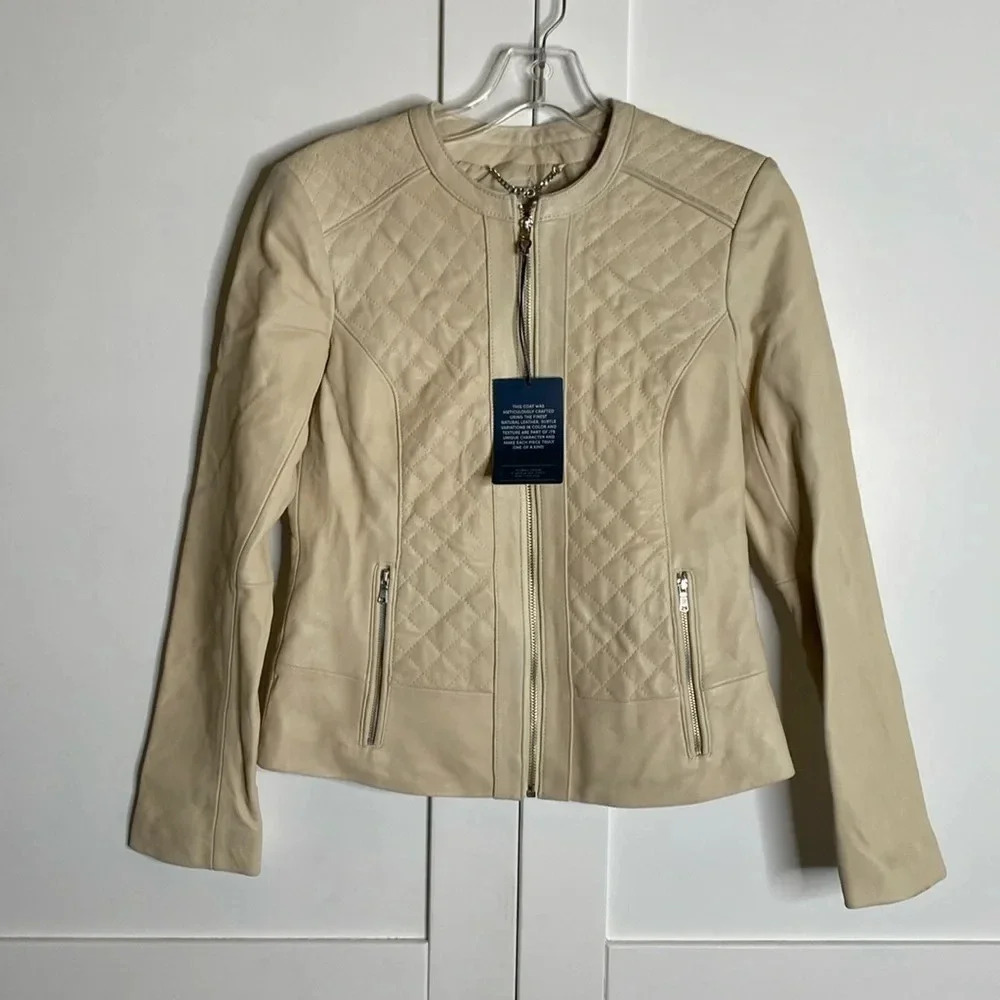 COLE HAAN Women's Jewel Neck Quilted Leather Jacket